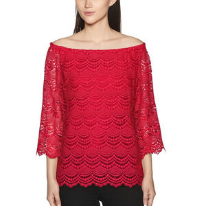 Talbots Blouse Lace Off Shoulder Scalloped‎ Hem Elegant Chic Womens Size 1X Red